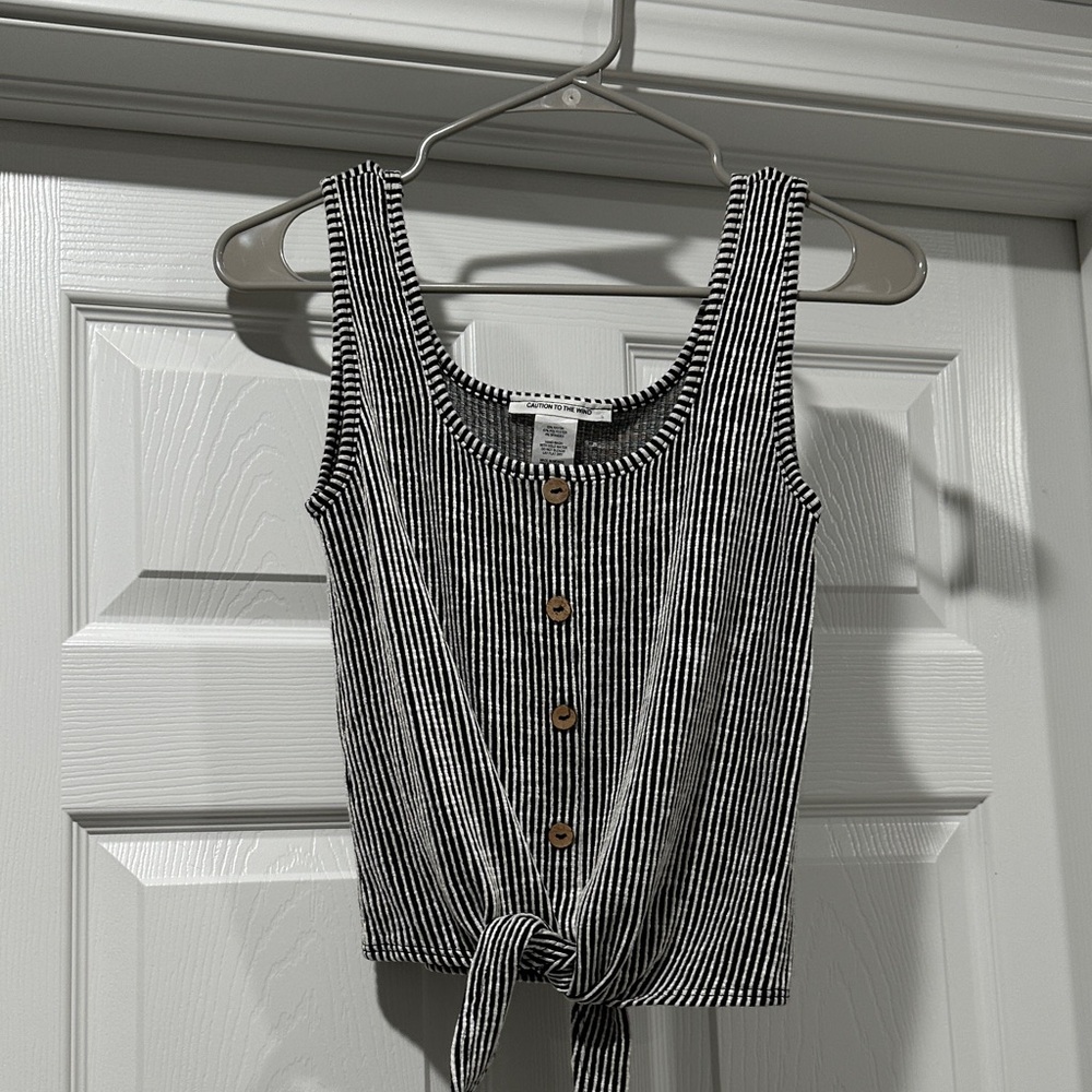 Caution To The Wind Black and White Striped Button Tank Top